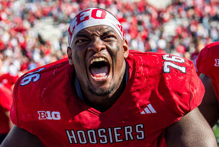 Nov 4, 2023; Bloomington, Indiana, USA; Indiana's Matthew Bedford (76) celebrates after defeating the Wisconsin Badgers at Memorial Stadium. Mandatory Credit: Rich Janzaruk-USA TODAY Sports